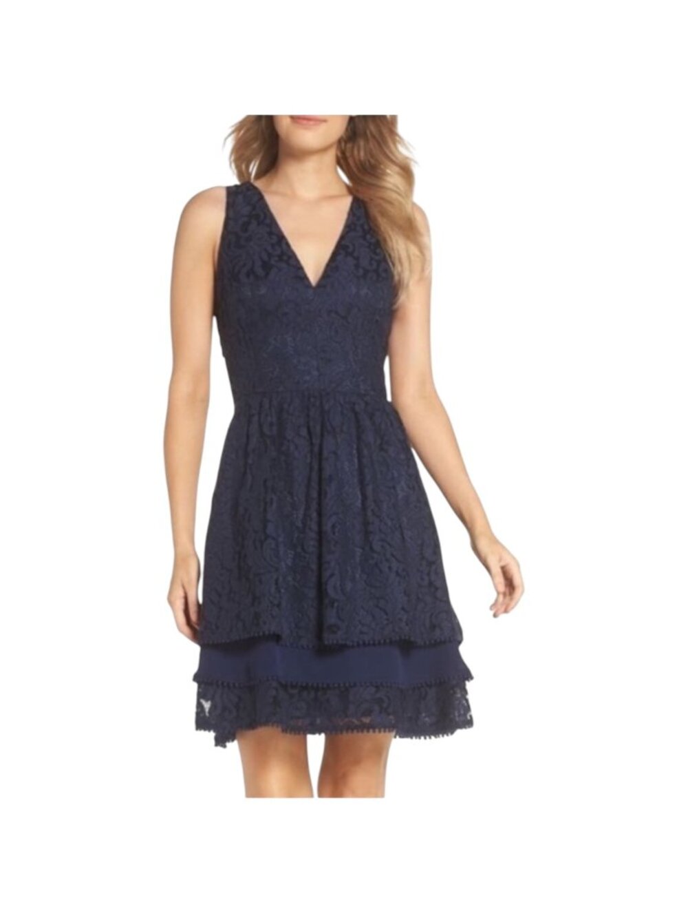 Eliza J Women's Navy Tiered Lace Sleeveless V-Neck Fit & Flare Dress Size 8